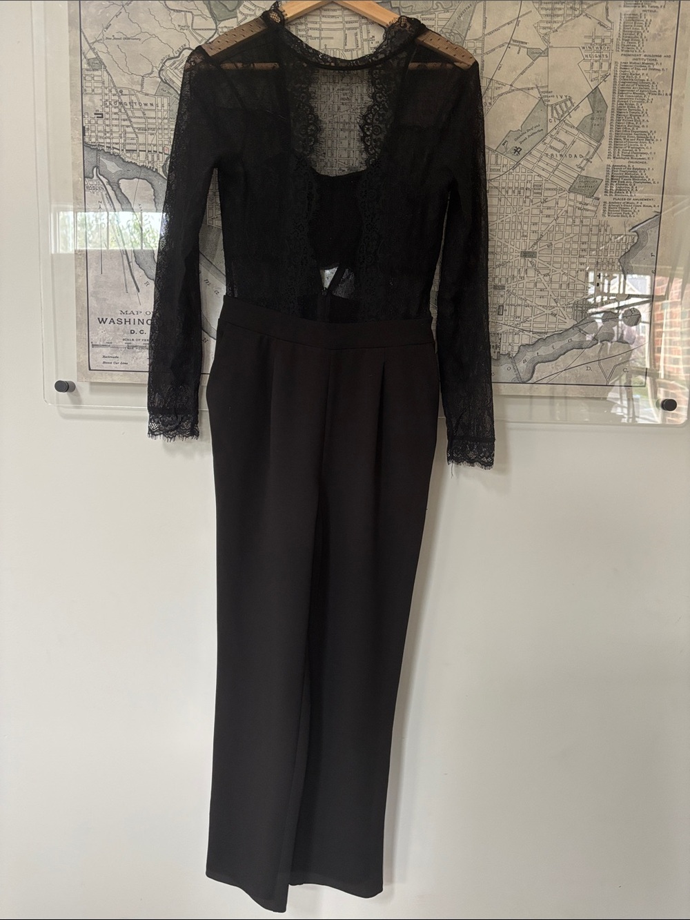 Express Black Lace Bodice Long-Sleeve Jumpsuit